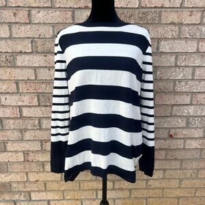 Tommy Hilfiger Women's XL Navy White Striped Lightweight 100% Cotton Sweater Top